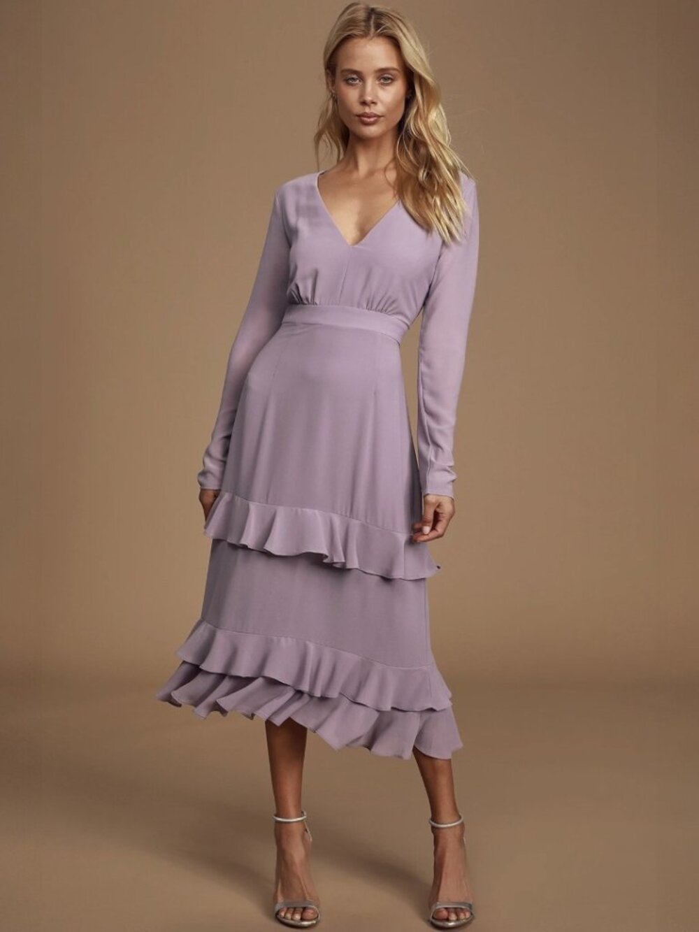 NWT Lulus Sway This Way Dusty Purple Ruffled Long Sleeve Midi Dress - Picture 3 of 8